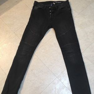 Skinny biker moto jeans. Very dark gray.